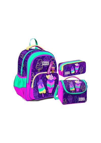 Coral High Kız Çocuk Üç Gözlü İlkokul Çanta Seti - Mor Pembe Dondurma Desenli