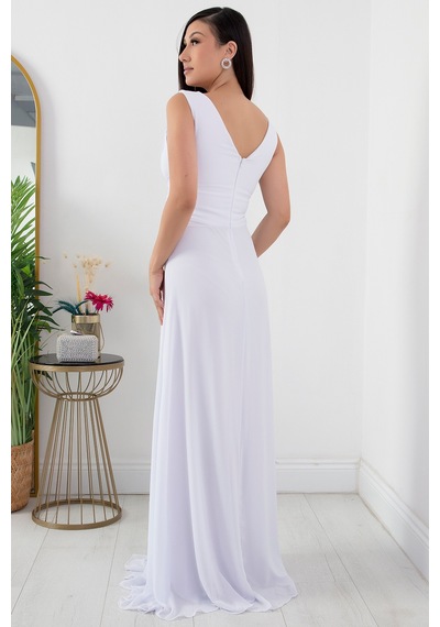 Kalopya V Yaka Beli Büzgülü Tokalı Şifon Abiye Elbise 13454 BEYAZ