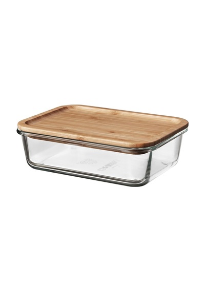 2 Parça Bambu Kapaklı Vakumlu Cam Saklama Kabı 1lt 21x15x7cm Şeffaf
