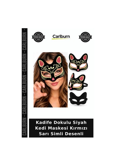 Premium Kadife Dokulu Siyah Kedi Maskesi Kırmızı Sarı Simli Desenli Sahne Aksesuarı Renkli Maske "