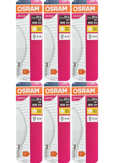 6 Adet Ledvance 7,5w Sarı Işık 2700k E14 Duylu İnce Duy Led Ampul