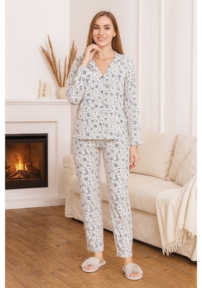 Remsa Kadın Çiçek Desen Suprem Önü Düğmeli Pijama Takımı 0469 Beyaz Beyaz