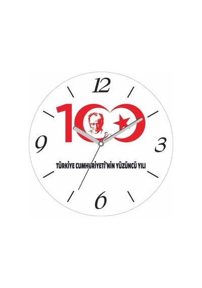Türkiye'nin Yüzüncü Yılı 2023 Atatürk Logosu Sessiz Akar Bombeli Gerçek Cam Duvar Saati Siyah