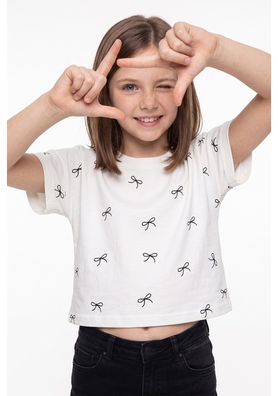 Fullamoda Fiyonk Baskılı Kız Çocuk Crop Tişört Ekru
