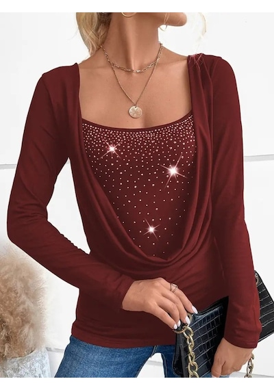 Hazego Kadın Uzun Kollu Derin Degaje Yakalı Taşlı Sandy Bluz Bordo
