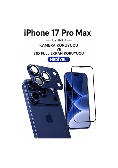 iPhone Uyumlu 17 Pro Max Taşli Kamera Koruyucu+ Ekran Koruyucu Set Mavi