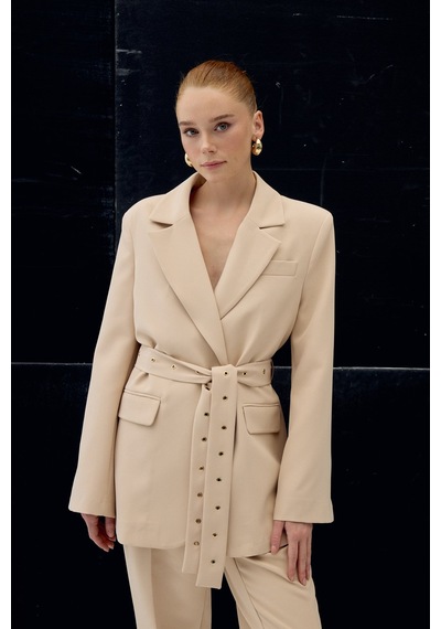 Sateen Serana Kuşak Detaylı Ceket - Bej-137073 Bej