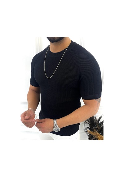 Örme Triko Tişört Kısa Kollu Triko Slim Fit Dar Kesim T-shirt Siyah