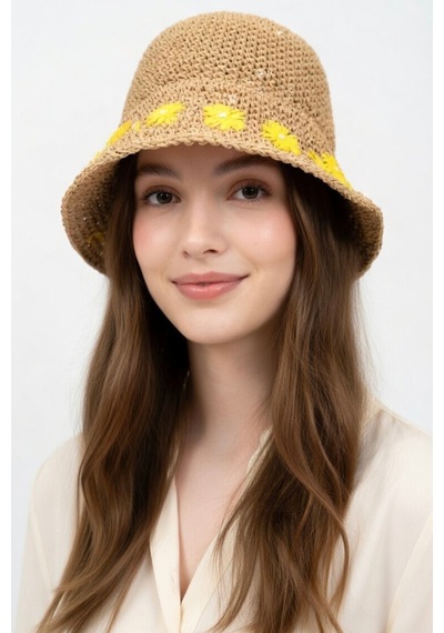 Mollycrush Kadın Hasır Papatya Desenli Yazlık Plaj Şapkası Ayarlanabilir Bağcıklı Retro Bucket Hasır