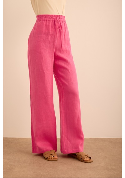 Aker Beli Lastikli Keten Pantolon Pembe Pembe