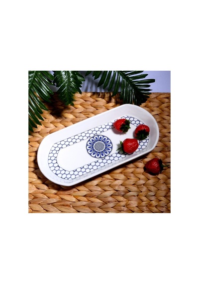 3 Adet Orta Boy 26cm Seramik Oval Kahvaltı Peynir Kayık Servis Sunum Tabağı Takımı Seti Mavi
