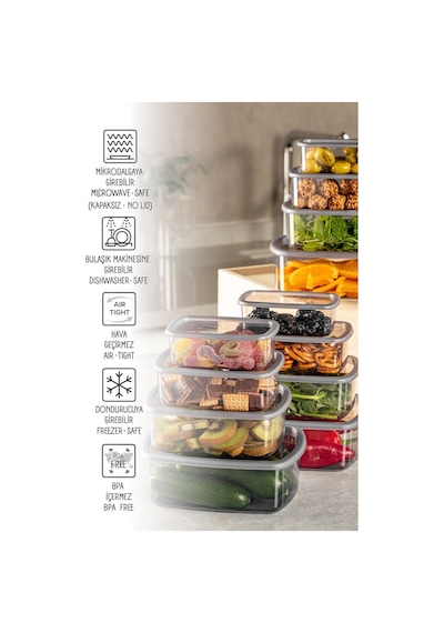 Vienev 12'li Hava Geçirmez Saklama Kabı Seti Antrasit 3 x 250 - 500 - 750 - 1200 ML Antrasit