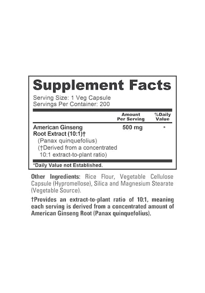 American Ginseng 10:1 Extract 500 Mg 200 Veg Capsules Max Strength