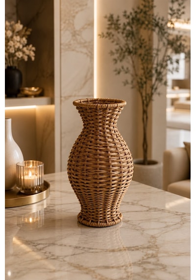 Qerhome Rattan Hasır Dekoratif Vazo - Dekoratif Obje Mln-11431 Ahsap