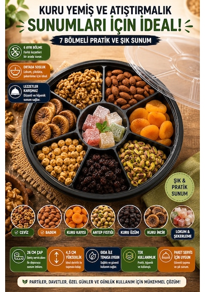 7 Bölmeli Kahvaltı Meze Kabı Kapaklı 26 Cm Tek Kullanımlık Salata Sunum Ve Paket Servis Kabı Seti Siyah