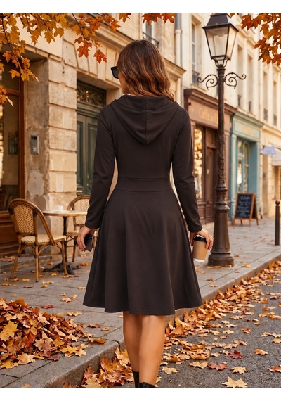 Butik İstanbul Kadın Uzun Kollu Kapşonlu Bağcıklı Fermuarlı Kısa Modal Elbise Kahve