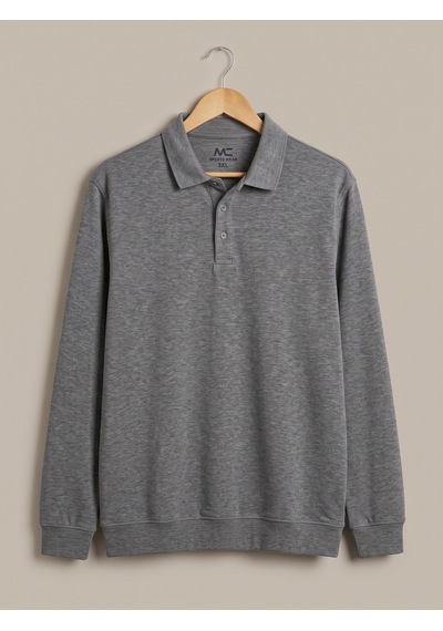 Maccali Erkek Gri Melanj Büyük Beden Polo Yaka Battal Sweatshirt