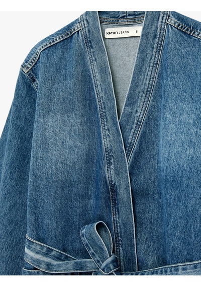 Koton Regular Fit Cepli Uzun Kollu Kemerli Denim Ceket Orta İndigo 6sal60006md