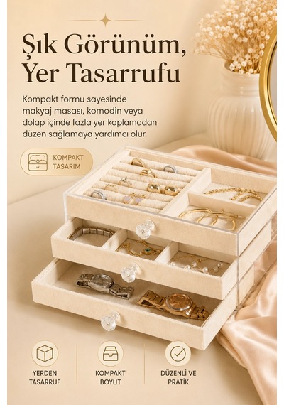 Şeffaf Kapaklı Kadife Takı Kutusu Çekmeceli Yüzük Kolye Saat Organizeri