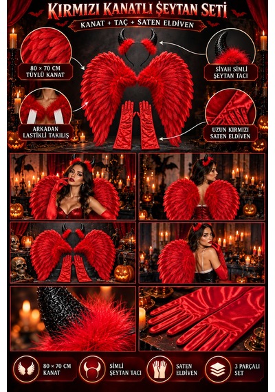 Halloween Kırmızı Tüylü Melek Kanadı Şeytan Tacı Saten Eldiven 3'lü Kostüm Seti Cadılar Bayramı