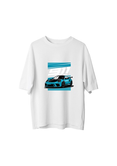 Paybuy Kadın Oversize Spor Araba Baskılı Tişört Retro Tasarım Rahat Kesi Beyaz