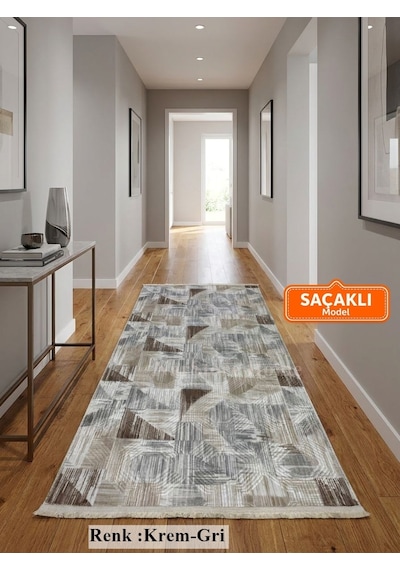 Gri Krem Kahve Kaymaz Taban Yıkanabilir Kesme Yolluk Halı Modern Desen
