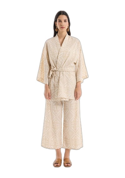 Etnik Desenli Bağlamalı Kısa Kimono Naturel Altın - Siyah