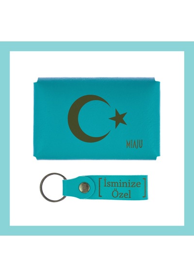 Miaju Koyu Turkuaz, Ayyıldız Desenli, İsme Özel Cüzdan Ve Anahtarlık Takımı, Sevgiliye Özel Hediyelik Koyu Turkuaz