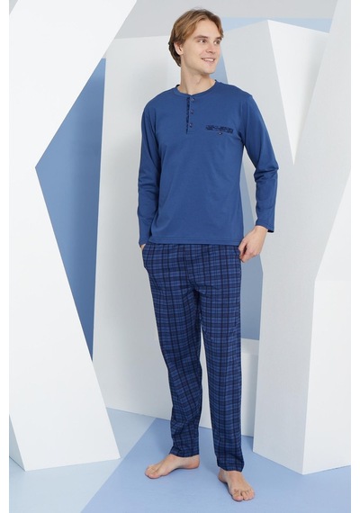 Kly Erkek Uzun Kol Midi Yaka İndigo Pijama Takımı C9t2n2o3 001