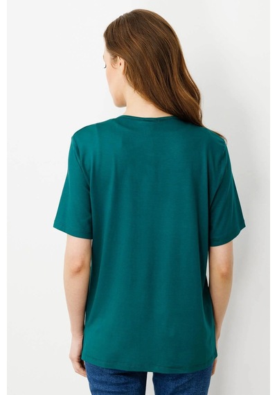 Desen Triko Kadın Açma Yaka Nakış İşlemeli T-shirt 25703 Yeşil Yeşil