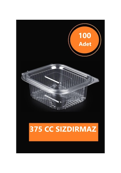 Sızdırmaz Düz Kapaklı Şeffaf Plastik Kap 375 Cc Kapasiteli, 100 Adet, Gıda Saklama Ve Servis Kabı Şeffaf Gri