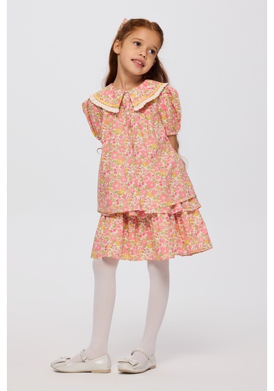 Panço Liberty Kumaş Çiçek Desenli Kız Çocuk Gömlek Pembe