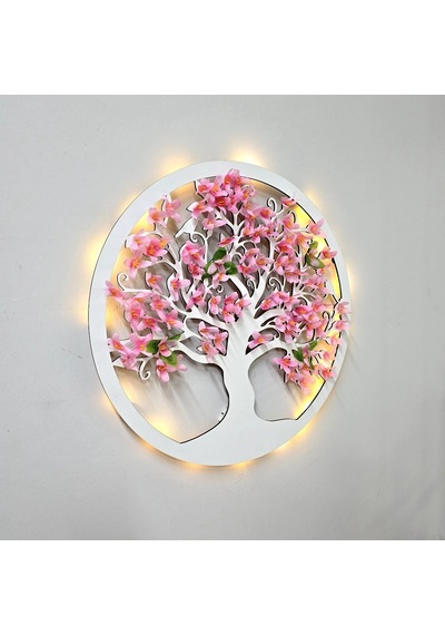 Led Işıklı Ve Pembe Sakura Hayat Ağacı Tablo 40cm - Beyaz