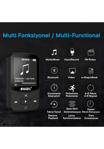 Ruizu X52 Mp3 Çalar Bluetooth 5.0 8gb Fm Radyo Pedometre Saat