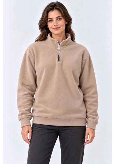 Freedom Storee Kadın Polar Dik Yaka Yarım Fermuarlı Uzun Kollu Regular Fit Kışlık Sweatshirt - Bej Çok Renkli