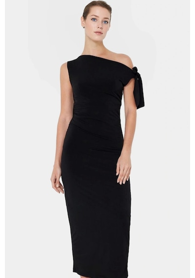 Ersefa Vücuda Oturan Maxi Elbise Tek Omuz Asimetrik Yaka Polyester Kumaş Siyah