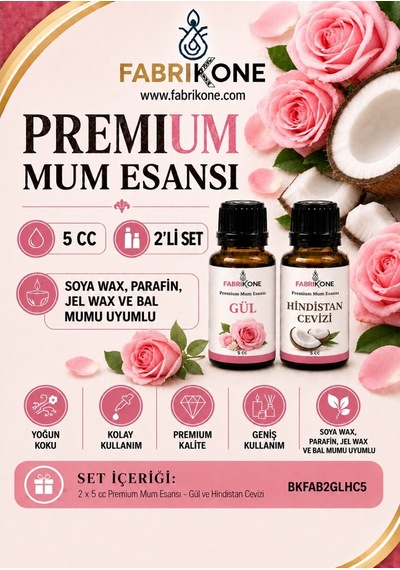 Premium Mum Esansı 5 Cc 2'li Set - Gül, Hindistan Cevizi - Soya Wax, Parafin, Jel Wax Ve Bal Mumu Uyumlu Bkfab2glhc5 Karışık