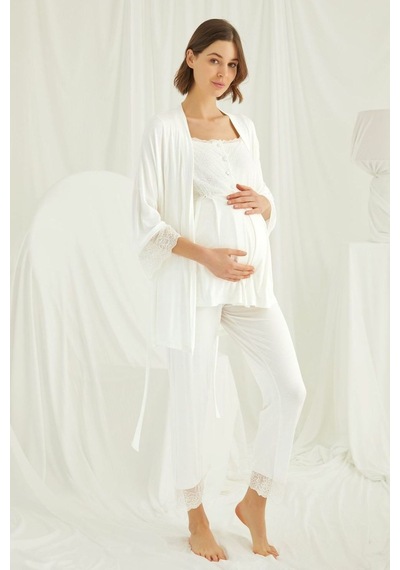 Monamise 18203 Kadın Ekru Hamile Lohusa 3'lü Sabahlık Pijama Takım