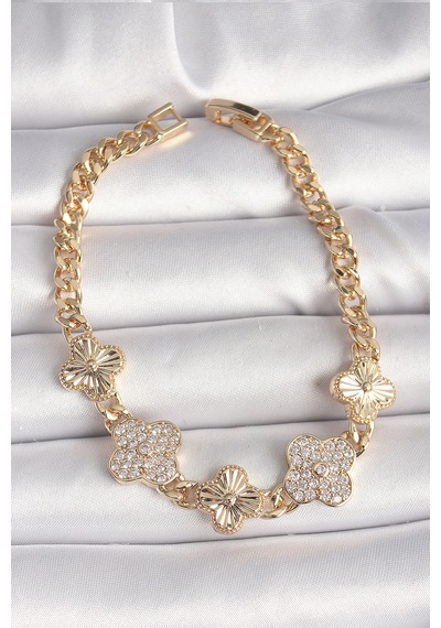 Pirinç Gold Renk Zirkon Taşlı Yonca Model Kadın Bileklik Çok Renkli 65152960