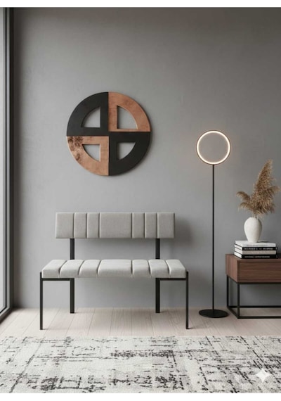 Özcan Metal Metal Siyah Ayaklı Sırtlı Mutfak Salon Antre Yatak Odası Balkon Puf Bank Oturak Bench Gri