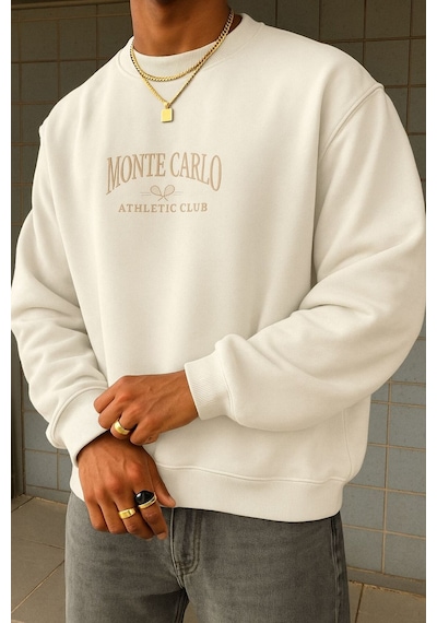 Benroma 3 İplik Penye Monte Carlo Baskılı Unisex Sweatshırt Beyaz