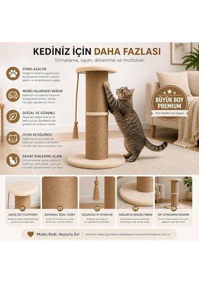 Tr Dev Büyük Boy Kedi Tırmalama Borusu, 20 Cm Çaplı 90 Cm Yüksek Gerginlik Azaltıcı Tırmalama Yüzeyli Üstten