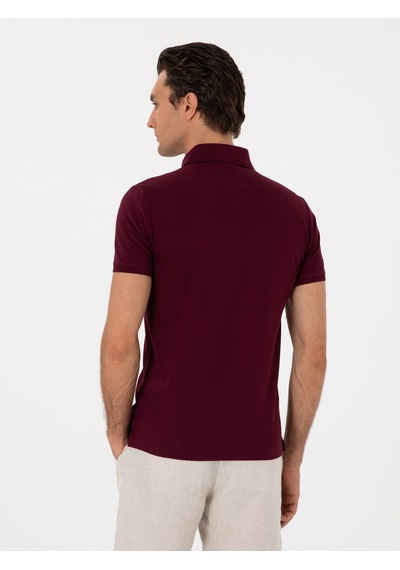 Bordo Slim Fit Polo Yaka Pamuklu Basic T-shirt Kirmizi