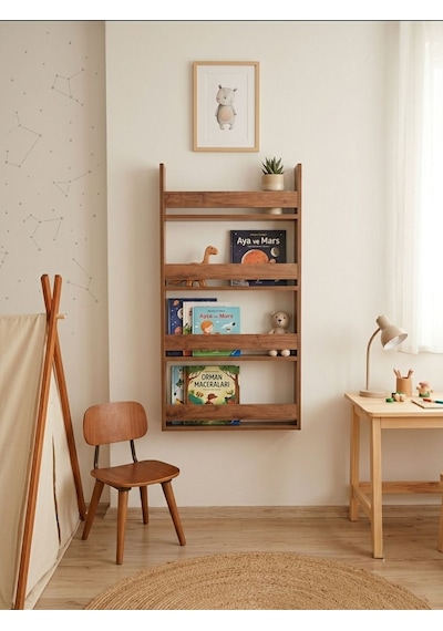 Montessori 4 Raflı Çocuk Kitaplığı Çok Amaçlı Dekoratif Duvar Rafı 120x60 Ceviz