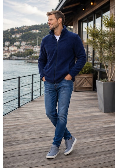 Luxıc Core Erkek Peluş Mont Slim Fit Dik Yaka Fermuarlı Cepli Günlük Spor Ceket Lacivert
