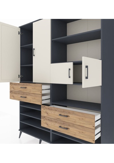 Hyperion Gardrop 11 Raflı 4 Çekmeceli 4 Kapaklı 176x44x221 Antrasit-aytaşı/çam Aytaşı/çam