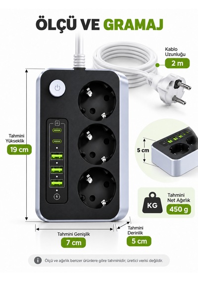 Akım Korumalı 3'lü Priz 2200w 1050j 10a Termal Korumalı 3 Usb 2 Type-c Şarj Girişli 0 - 2 M