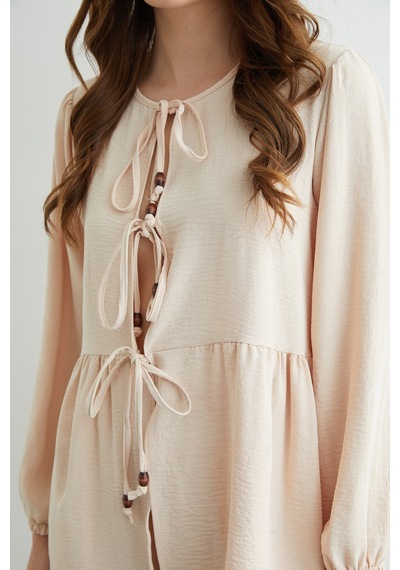 Fullamoda Fullamodest Önü Bağlamalı Ayrobin Kimono 2 Li Takım Bej