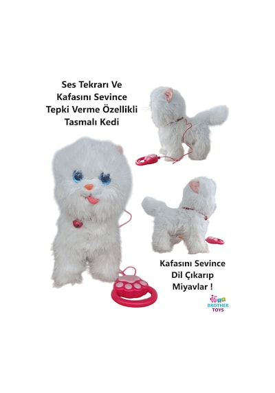 Ses Tekrarlayan Kafasını Sevince Tepki Veren Yürüyen Havlayan Tasmalı Kuyruğunu Sallayan Oyuncak Kedi Köpek 25 Cm. Beyaz Kedi
