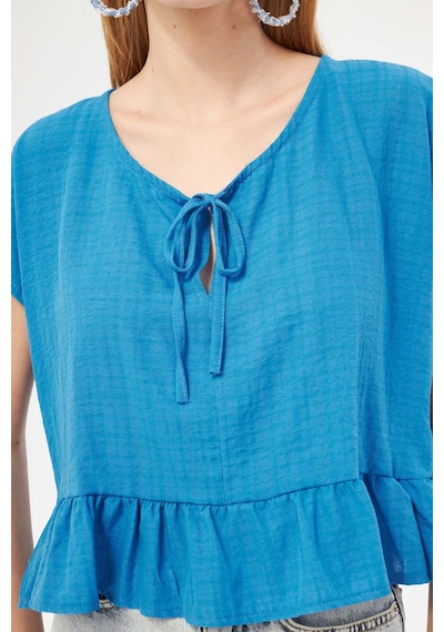 Armonika Kadın Mavi Yarasa Kol Yakası Bağlamalı Eteği Fırfırlı Oversize Crop Bluz Arm-24y001088
